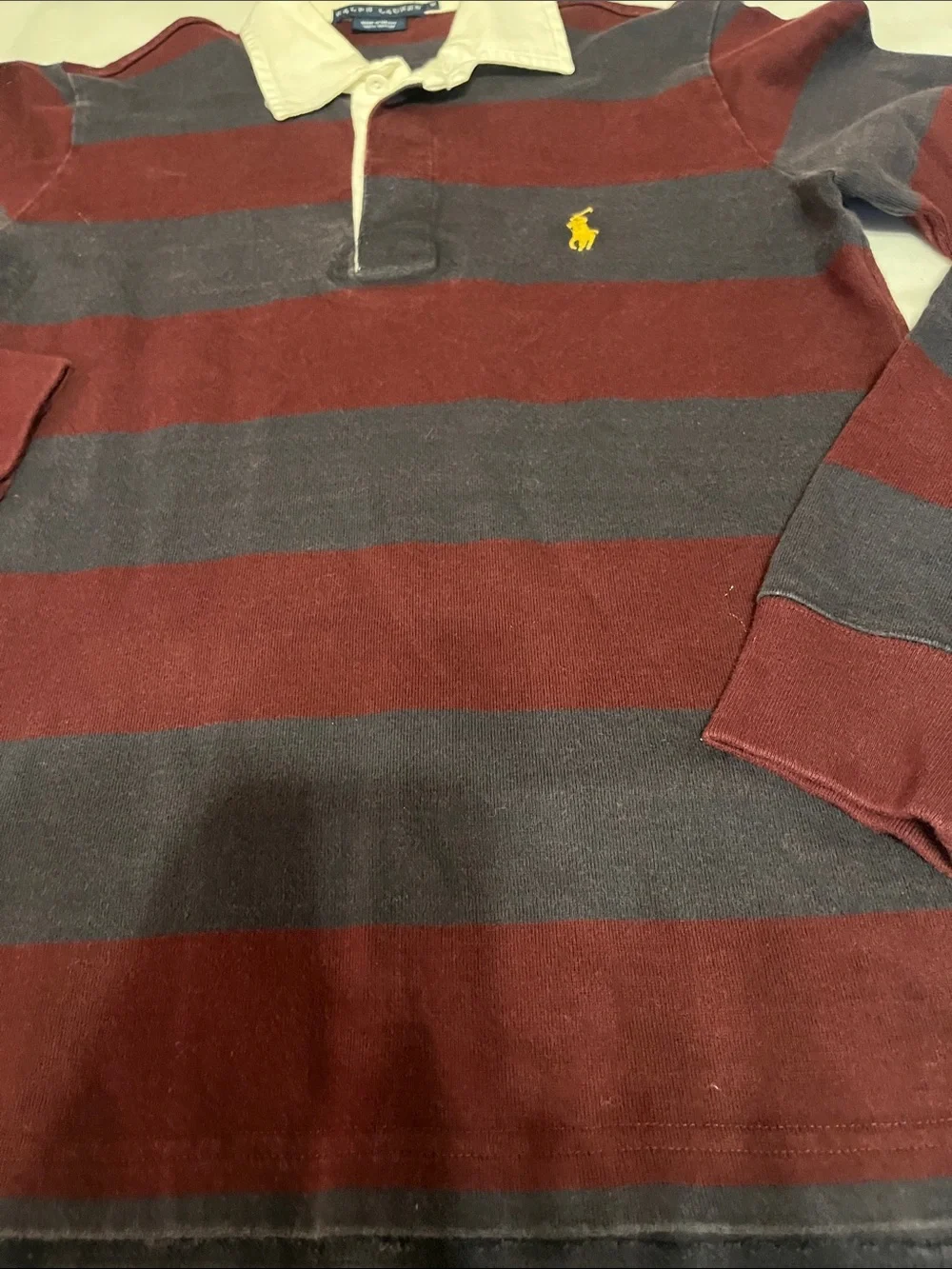 Ralph Lauren Kids Burgundy and Charcoal Striped Rugby Polo with Cream Collar